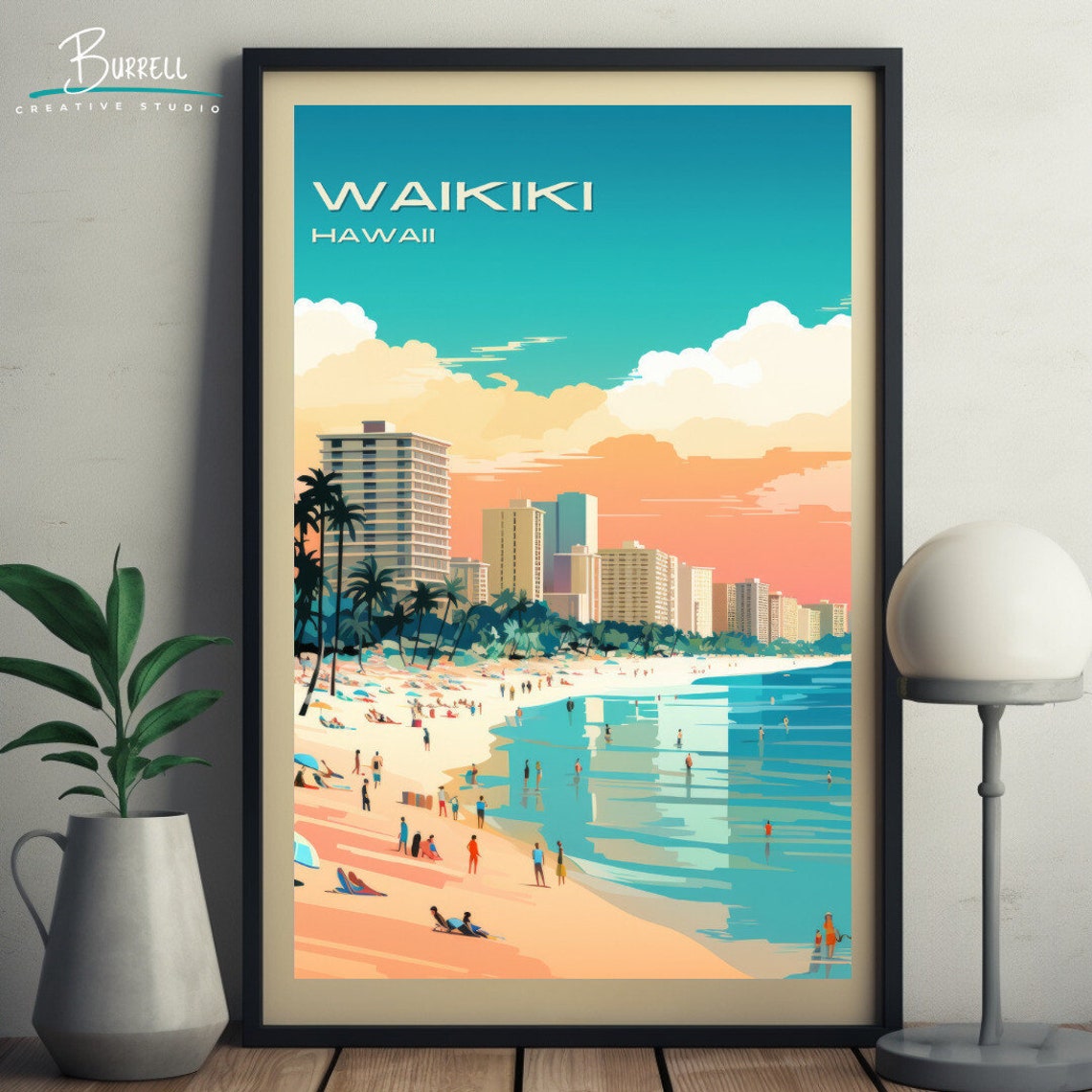 Waikiki Hawaii Beach High Rises Crowded Shore Sunset Travel Poster - Image 5