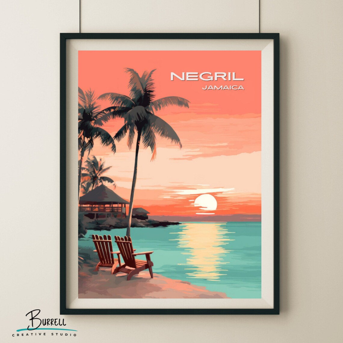Negril Jamaica Beach Sunset Palm Chairs Tropical Travel Poster - Image 5