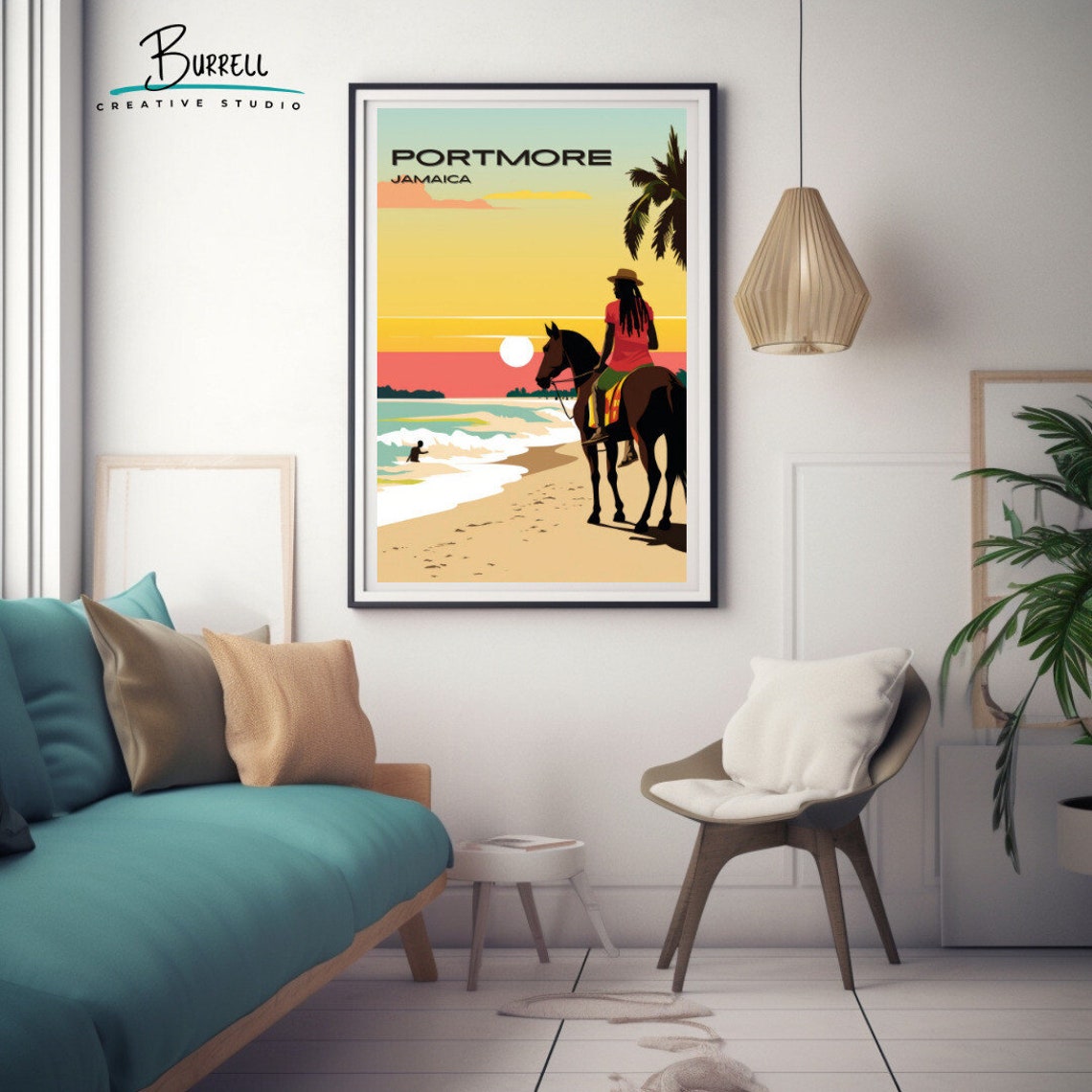 Portmore Jamaica Horseback Beach Sunset Rider Tropical Travel Poster - Image 3