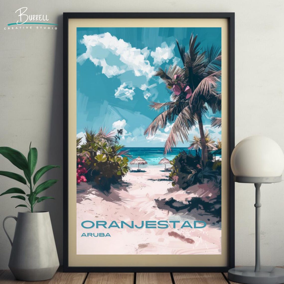 Oranjestad Aruba Beach Palms and Umbrellas Caribbean Scene Poster - Image 5