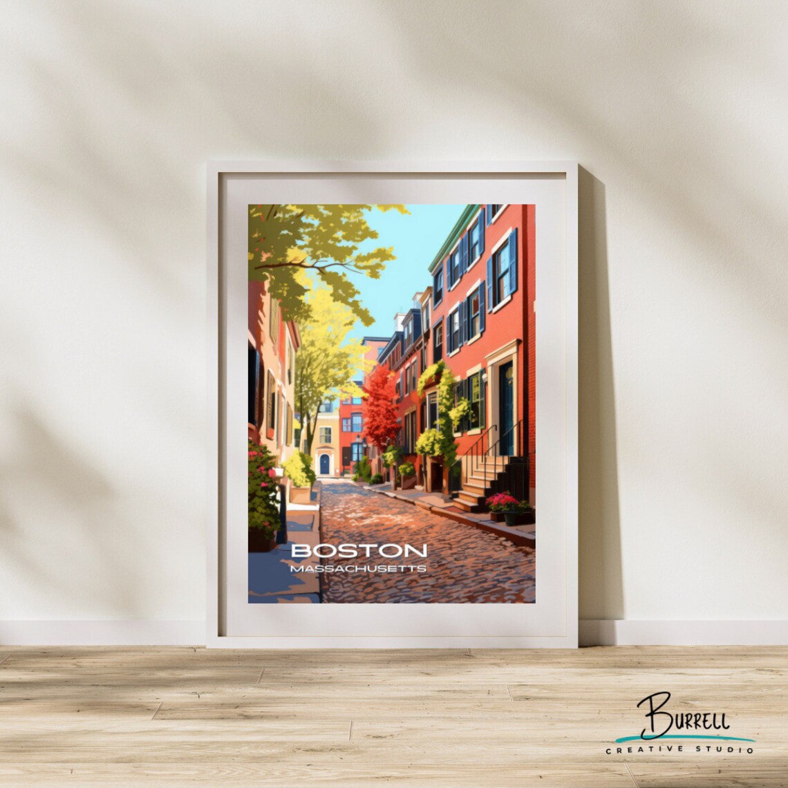 Boston Massachusetts Beacon Hill Brick Street Autumn Travel Poster