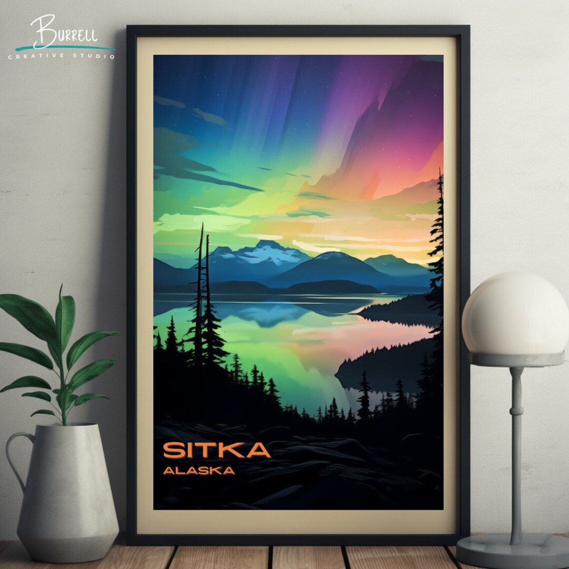 Sitka Alaska Northern Lights Fjord Spruce Silhouette Sky Poster - Image 5