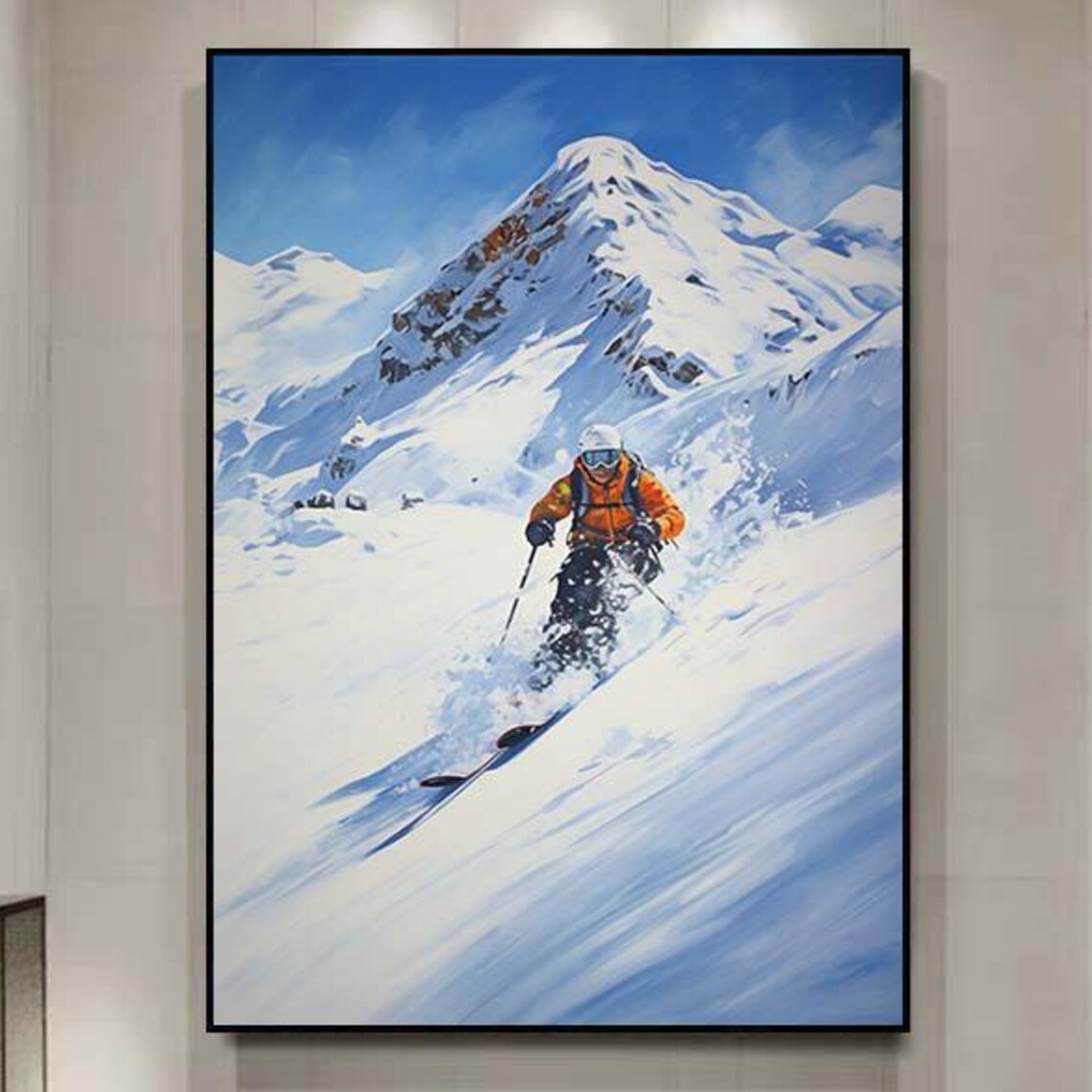 Snowy Mountain Skier Orange Jacket Powder Slope Sports Painting Poster