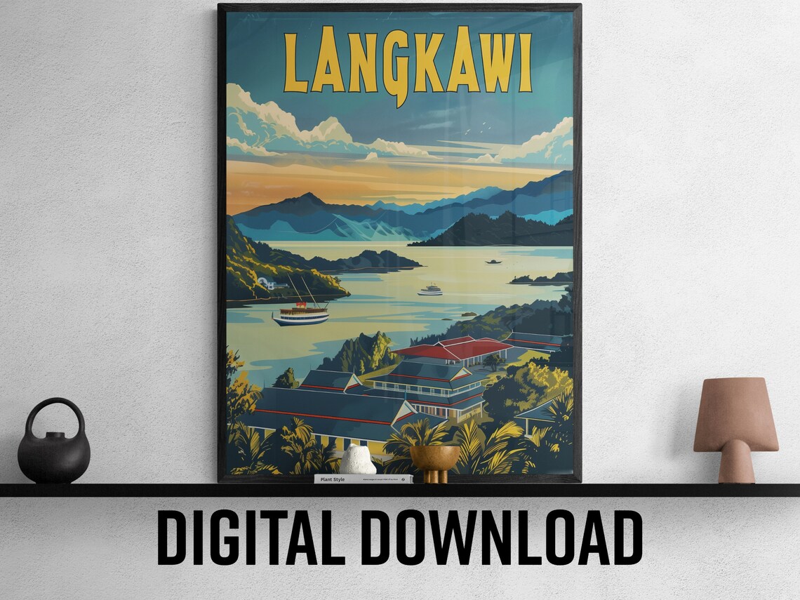 Langkawi Serene Island Bay Boats Mountain Sunset Travel Poster