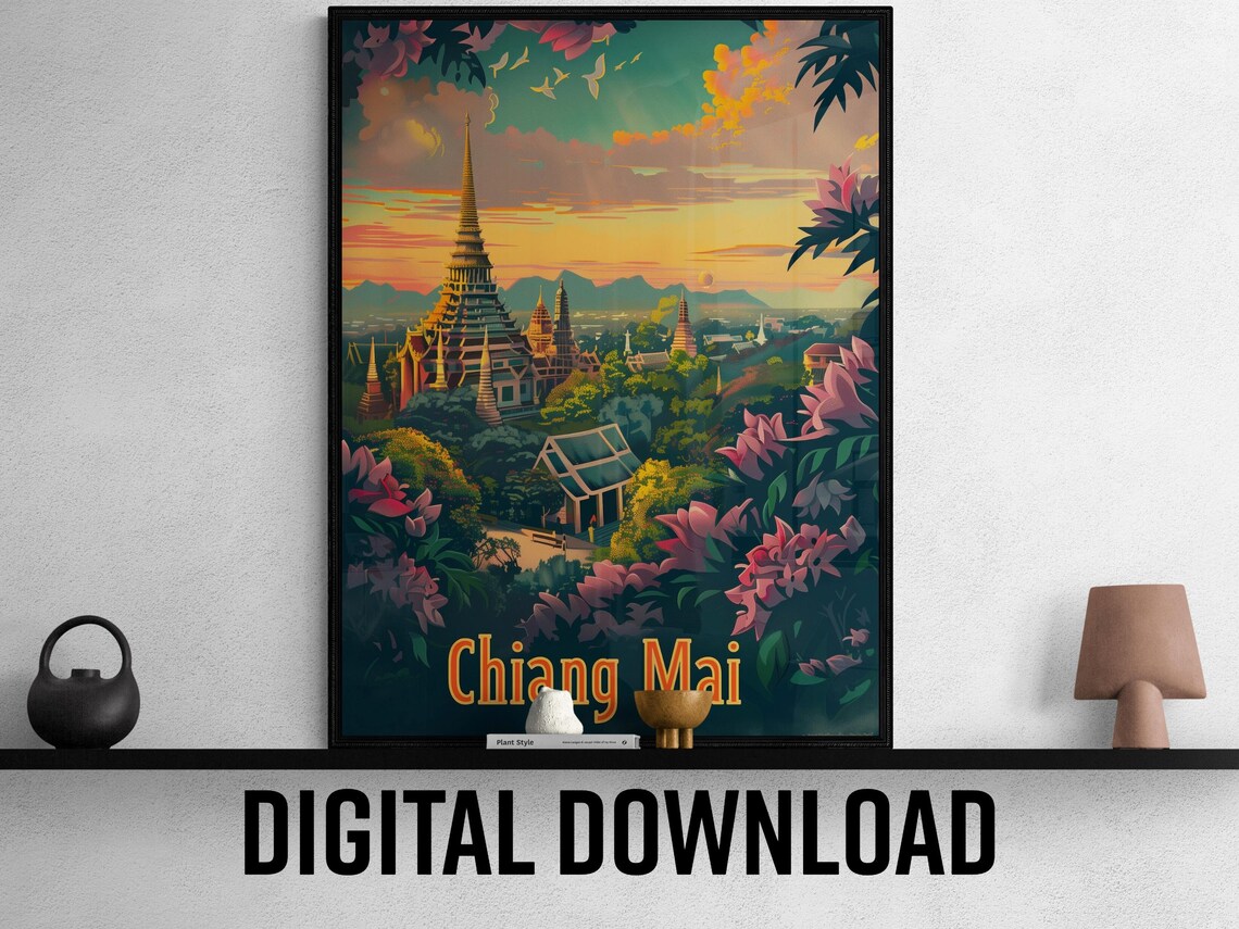 Chiang Mai Thailand Temple Gardens in Sunset Blossom Travel Poster
