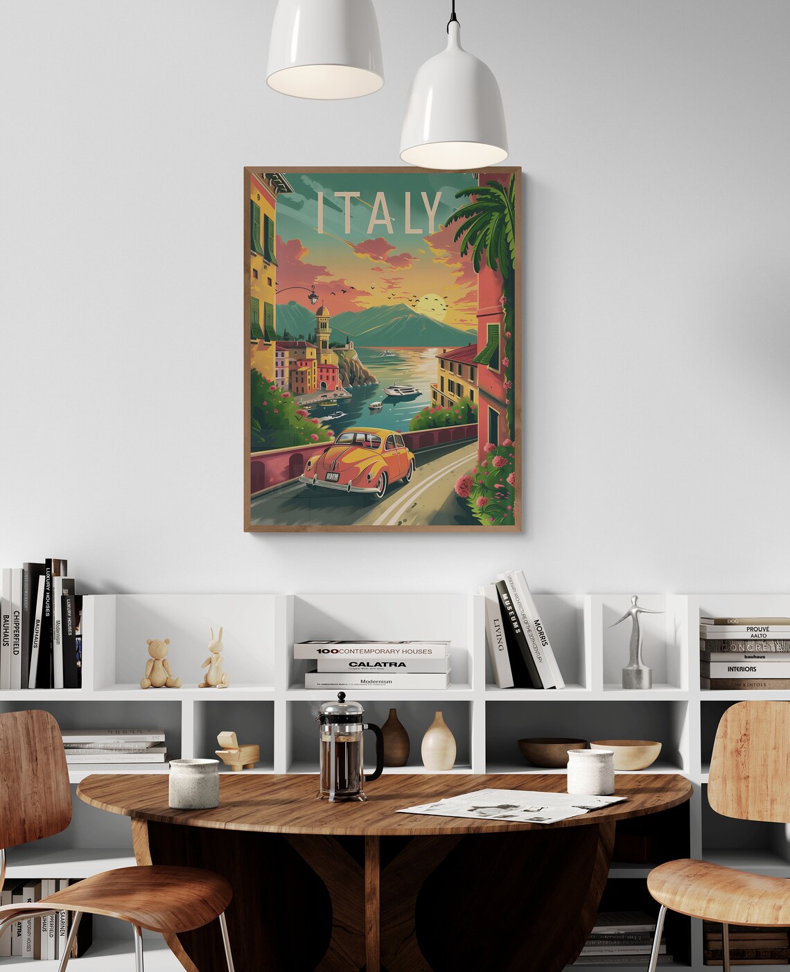 Italy Lakeside Town Vintage Red Car Sunset Travel Wall Poster