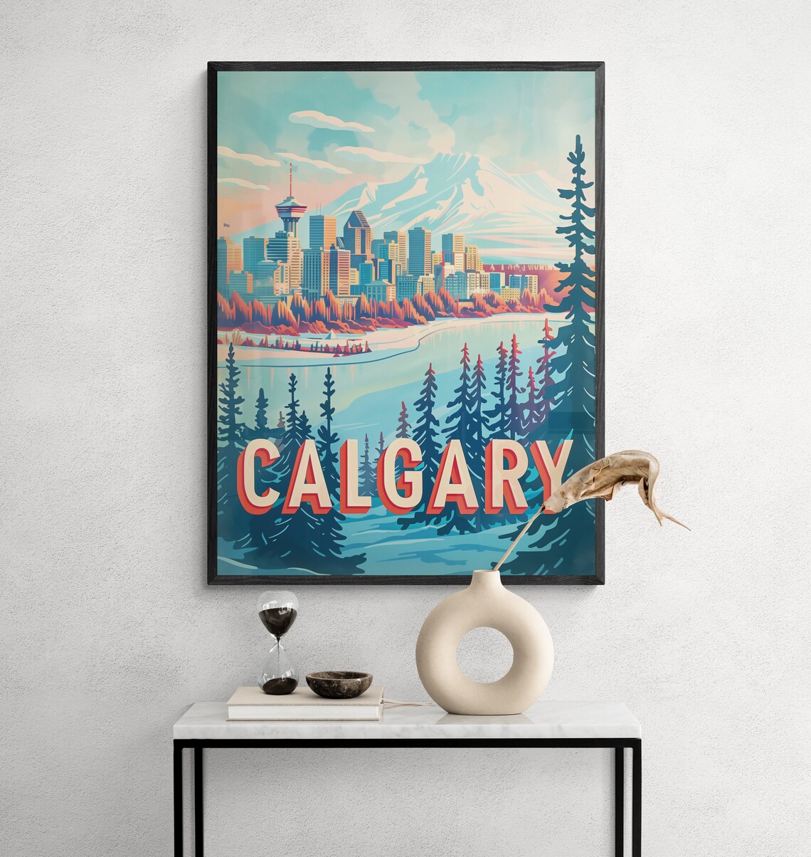 Calgary Tower Rockies and Pines Vintage Winter Travel Poster