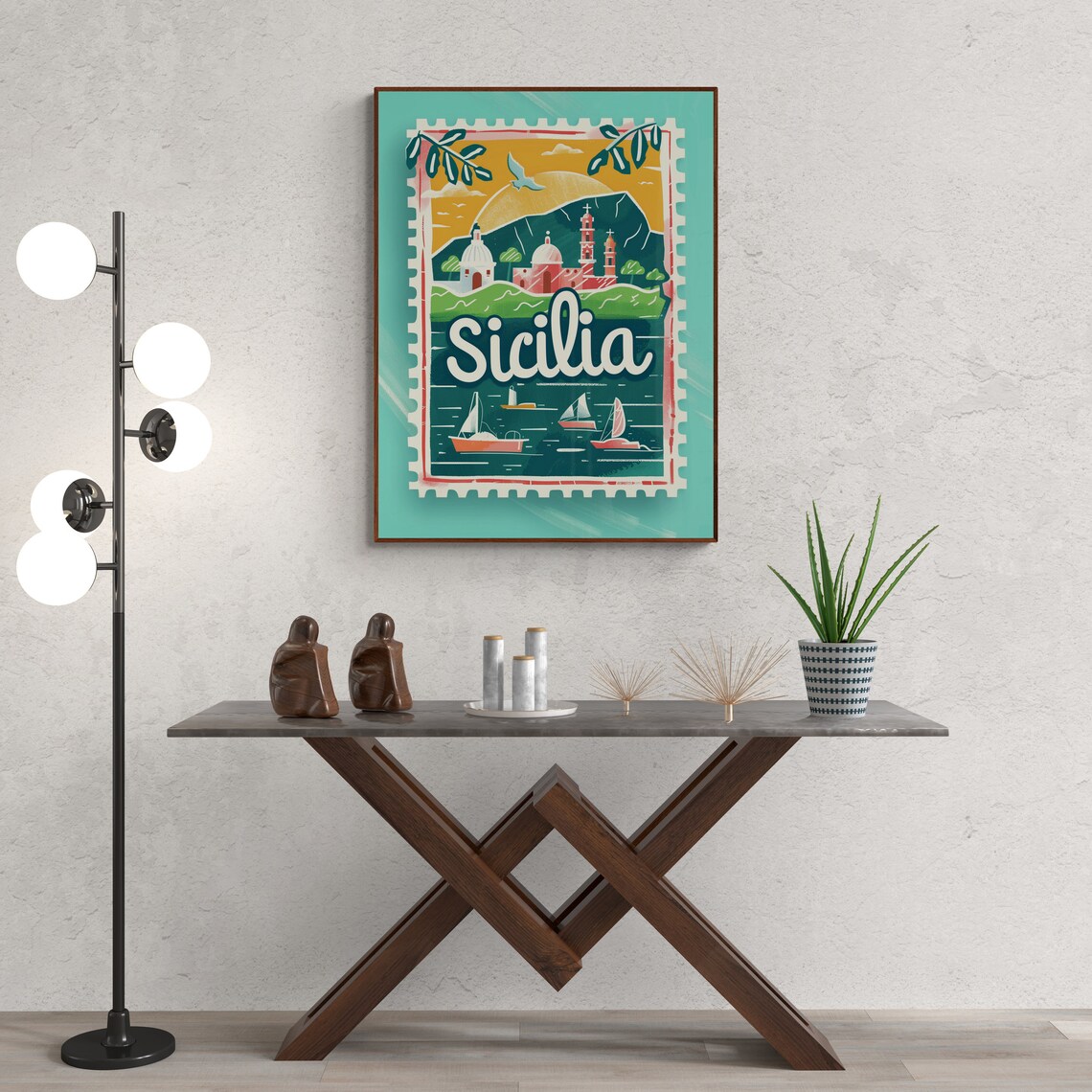 Sicily Coastal Village Sailboats Mint Vintage Stamp Travel Poster - Image 5