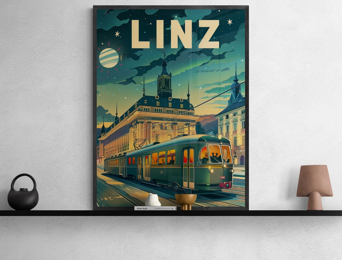 Linz Night Tram and Historic Town Hall Under Stars Vintage Poster - Image 2