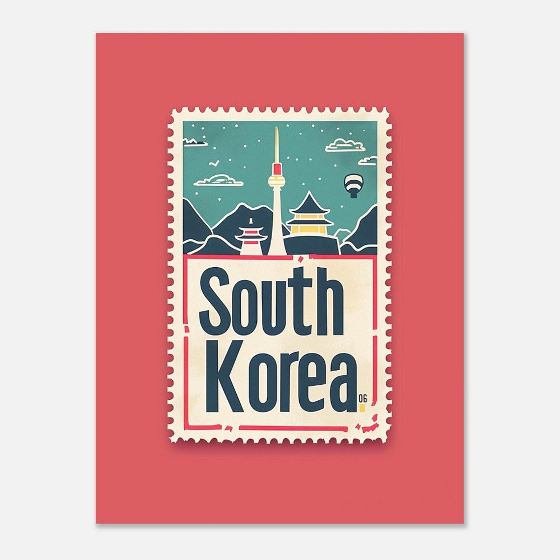 South Korea N Seoul Tower Mountains Stamp Style Travel Poster - Image 2