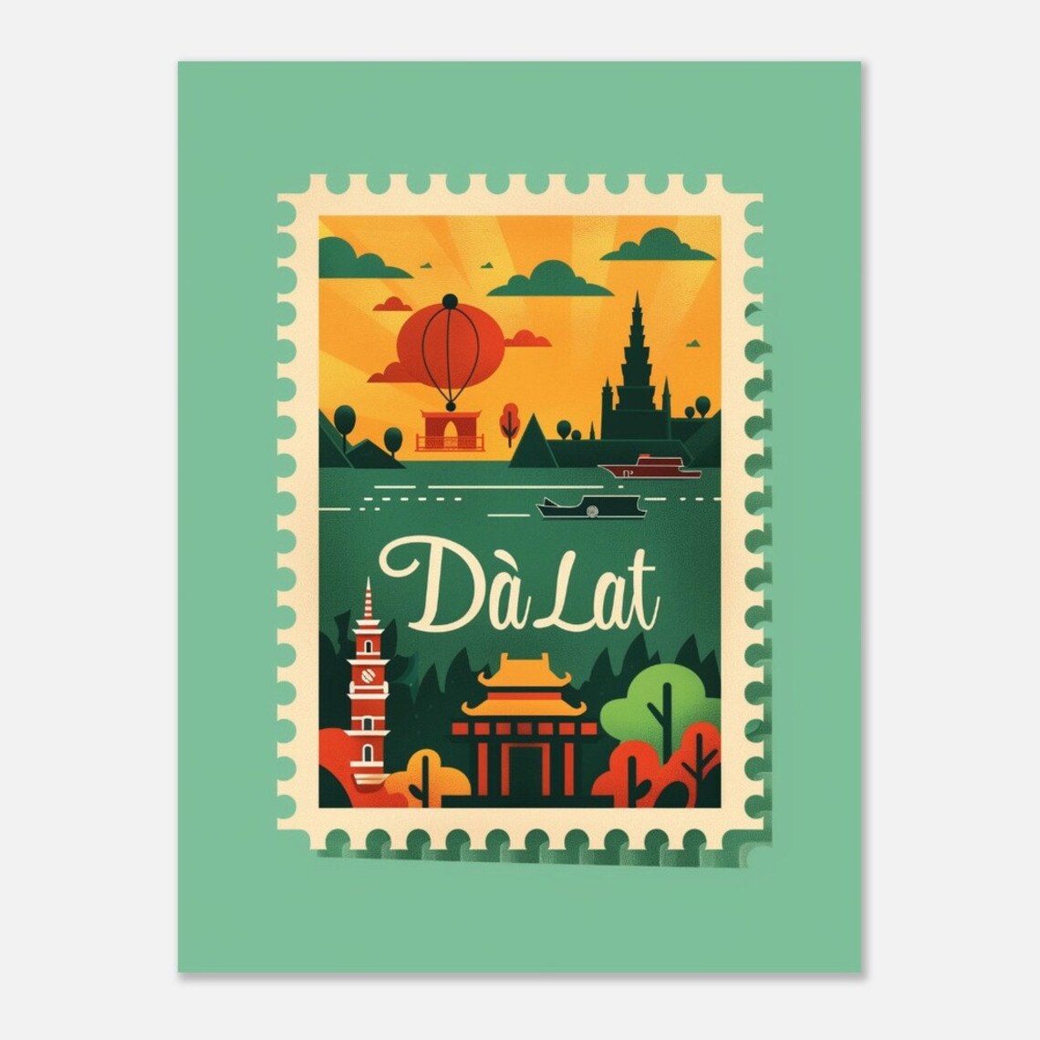 Da Lat Vietnam Hot Air Balloon Pagoda Vintage Travel Stamp Poster - Image 2