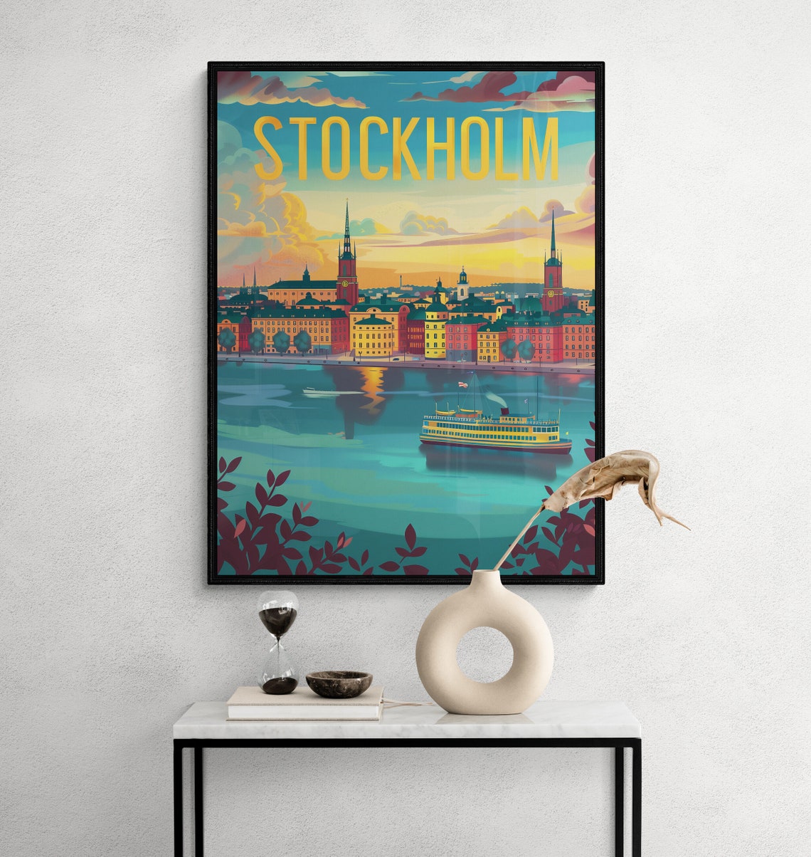 Stockholm Gamla Stan Skyline Ferry Sunset Water Travel Poster