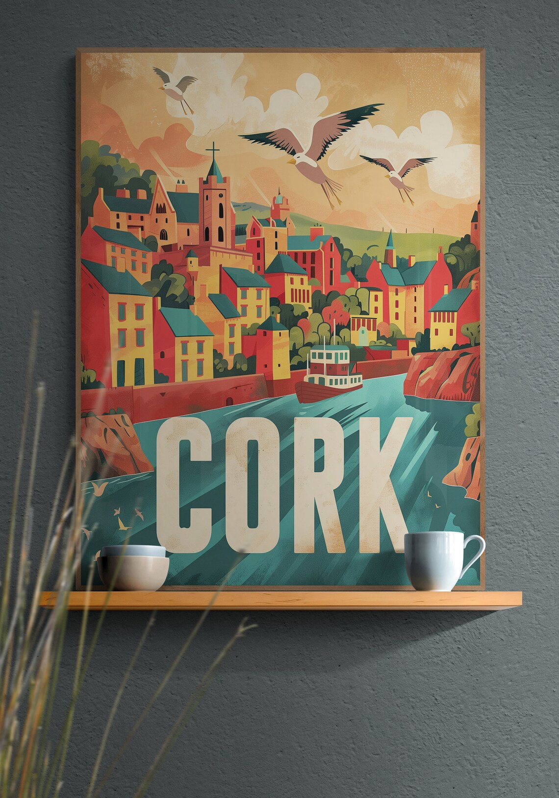 Cork Ireland Harbor Town Seagulls Sunset Retro Travel Poster - Image 2