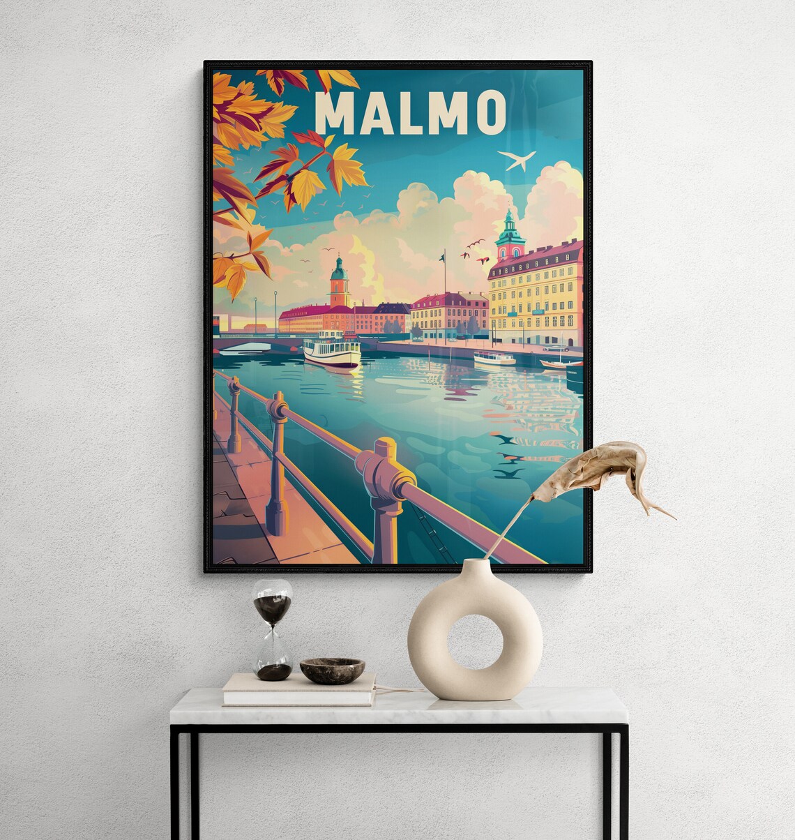 Malmo Harbor Boats Waterfront Railing Autumn Leaves Travel Poster - Image 2