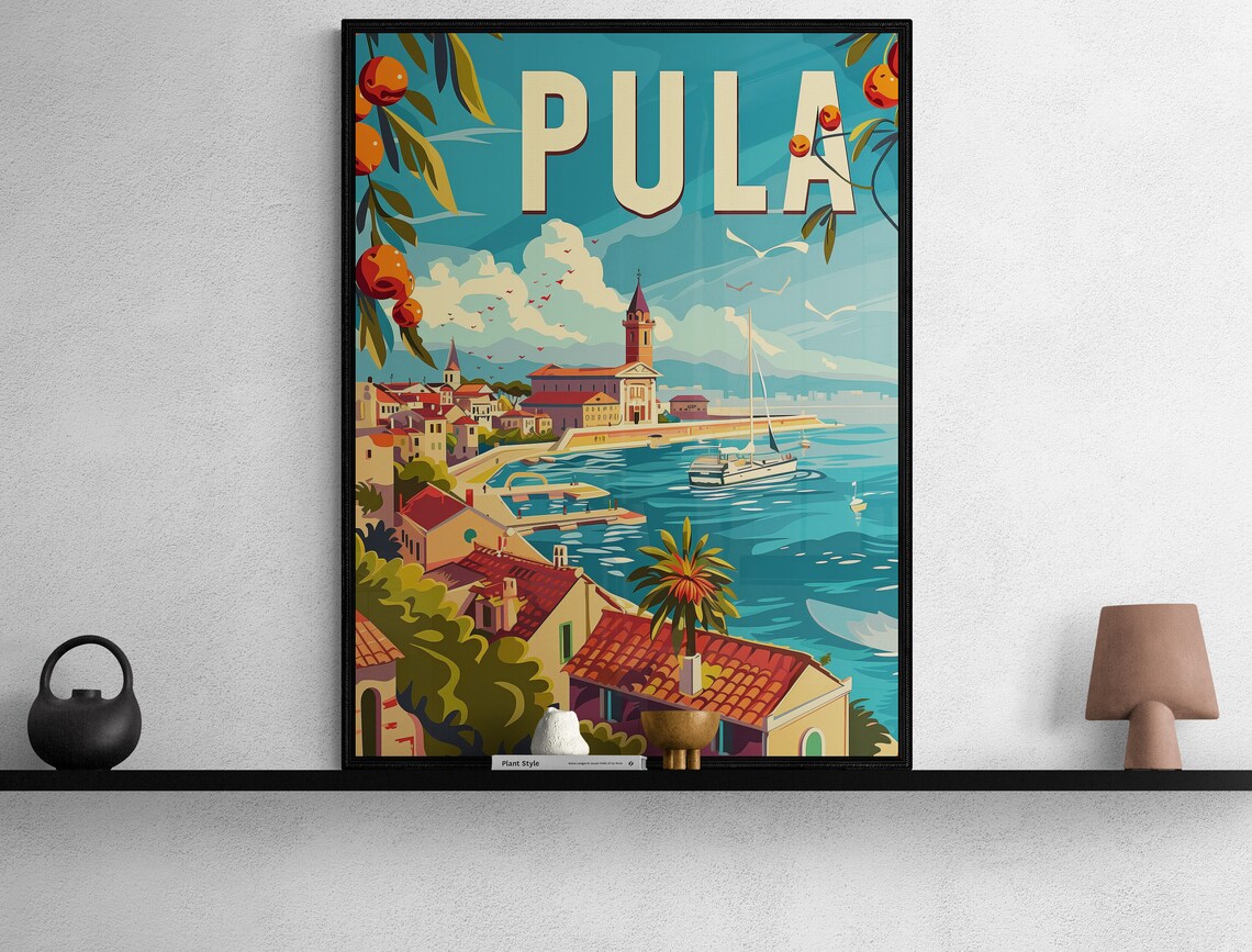 Pula Harbor Cathedral Tower and Orange Groves Vintage Travel Poster