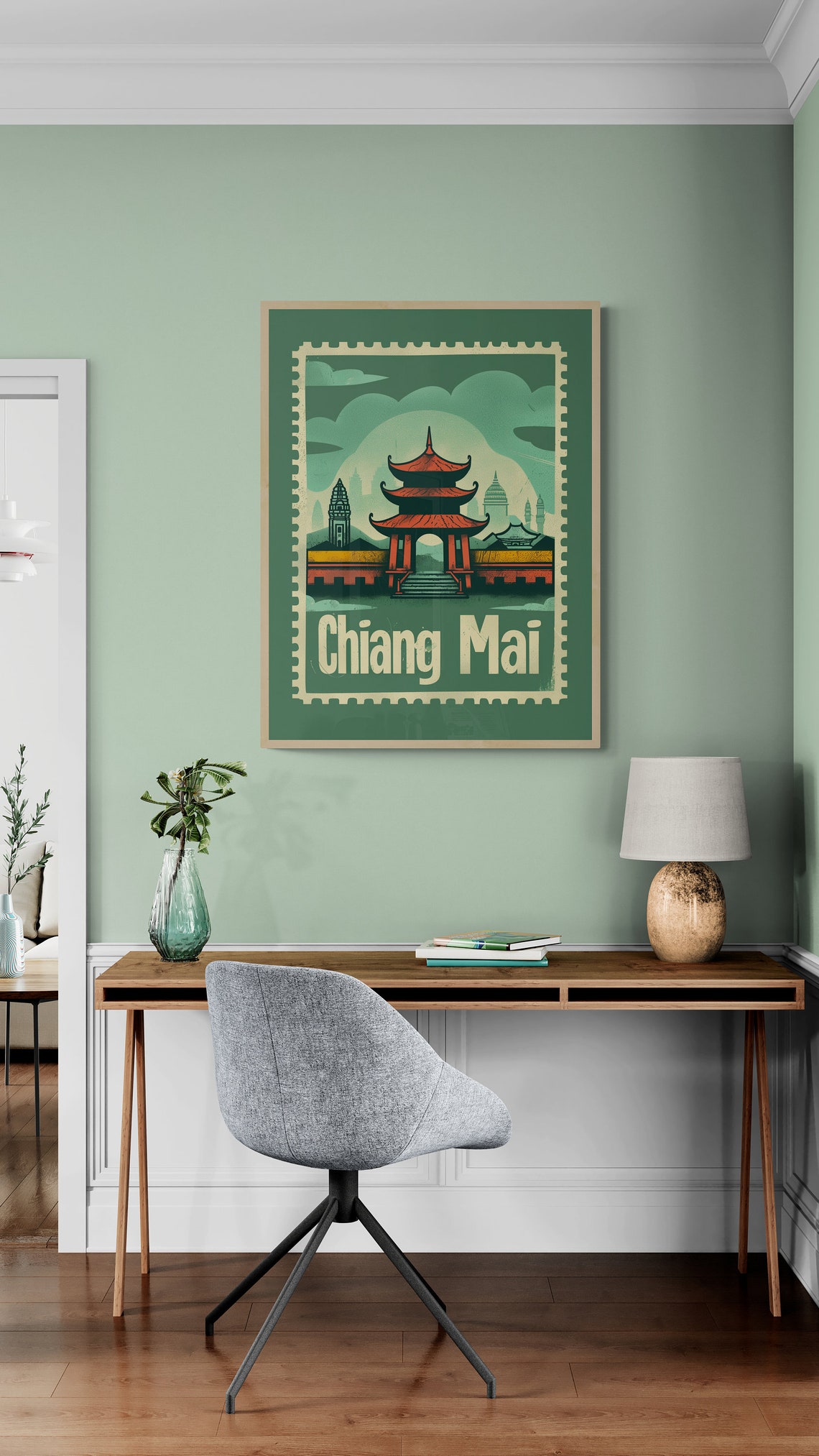 Chiang Mai Thailand Temple Gate Retro Postage Stamp Travel Poster - Image 3