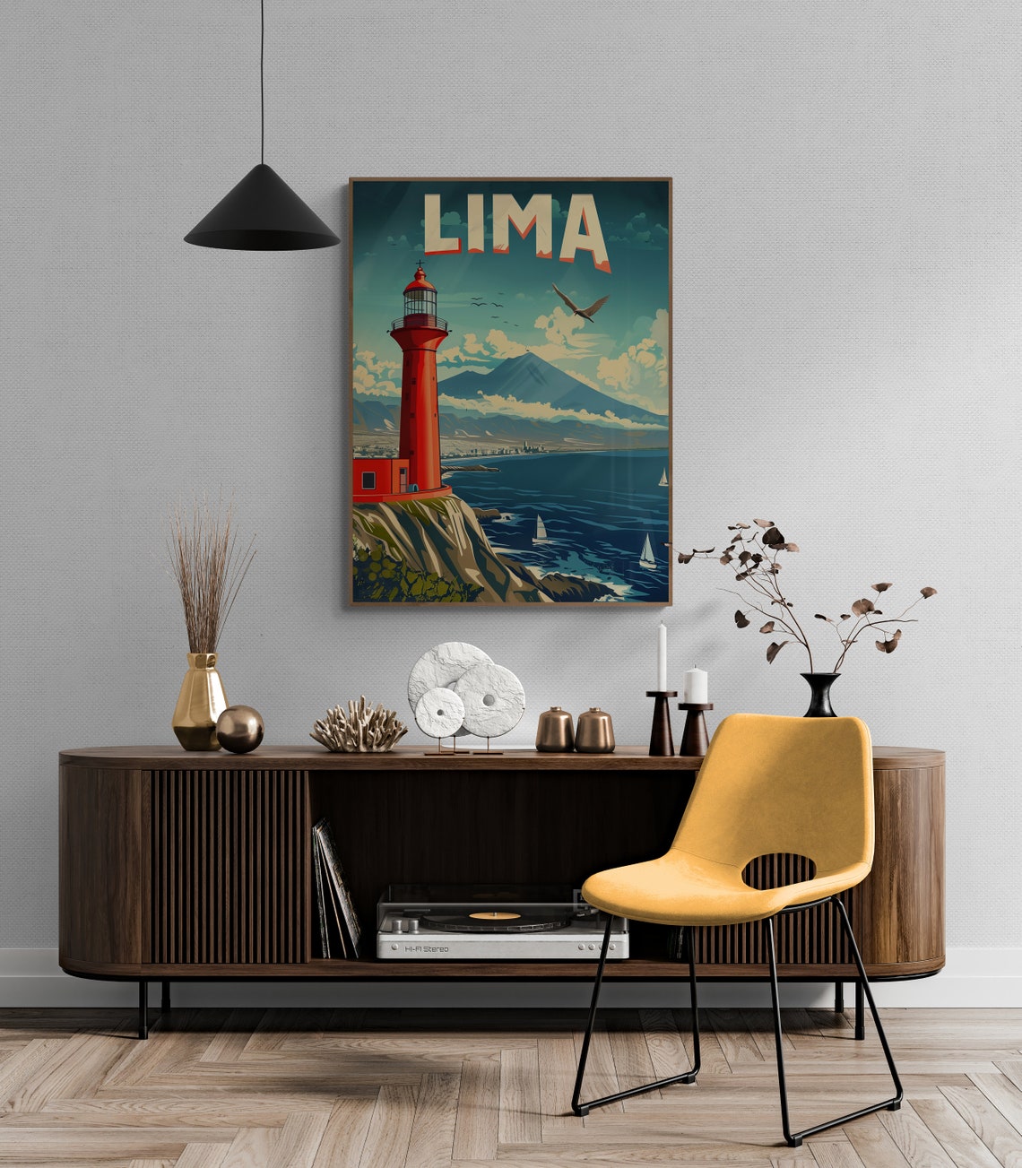 Lima Red Lighthouse Cliffs Pacific Coast Retro Travel Poster - Image 4