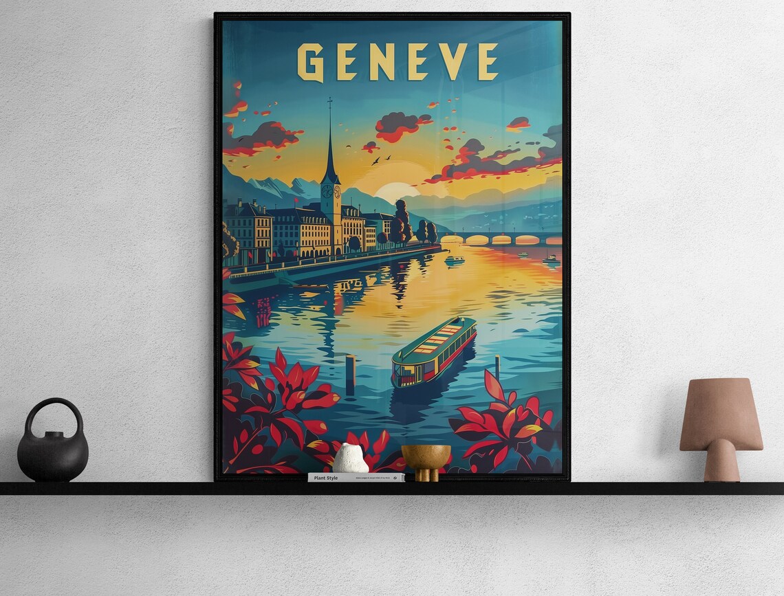 Geneve Sunset Harbor Boat and Church Tower Vintage Travel Poster - Image 2
