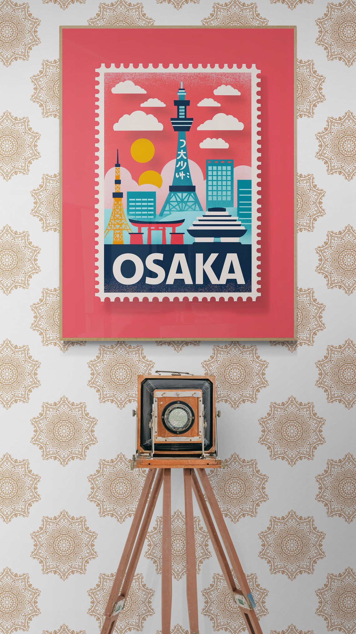 Osaka Japan Tower Torii Gate Vintage Travel Stamp Style Poster - Image 3