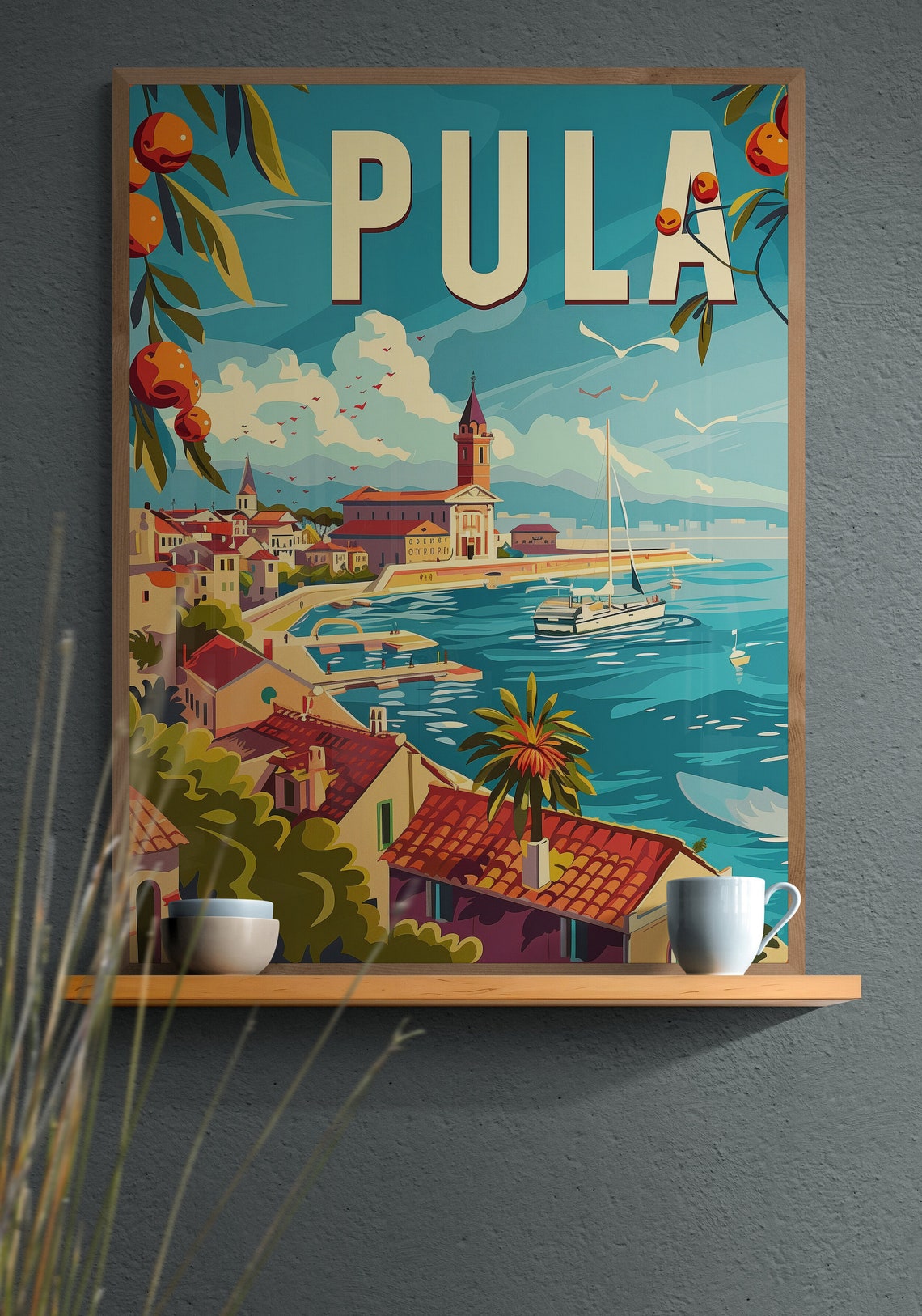 Pula Harbor Church Tower Colorful Adriatic Coast Travel Poster - Image 2