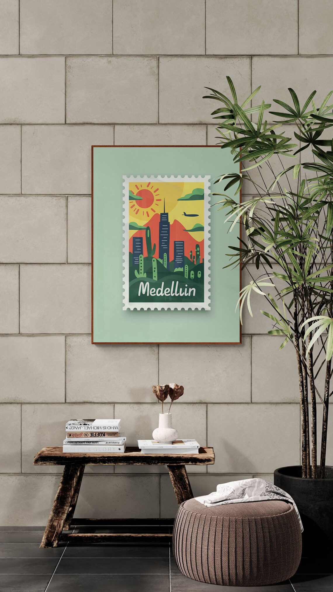 Medellin Colombia Desert Skyline Sunset Vintage Travel Stamp Poster - Image 3