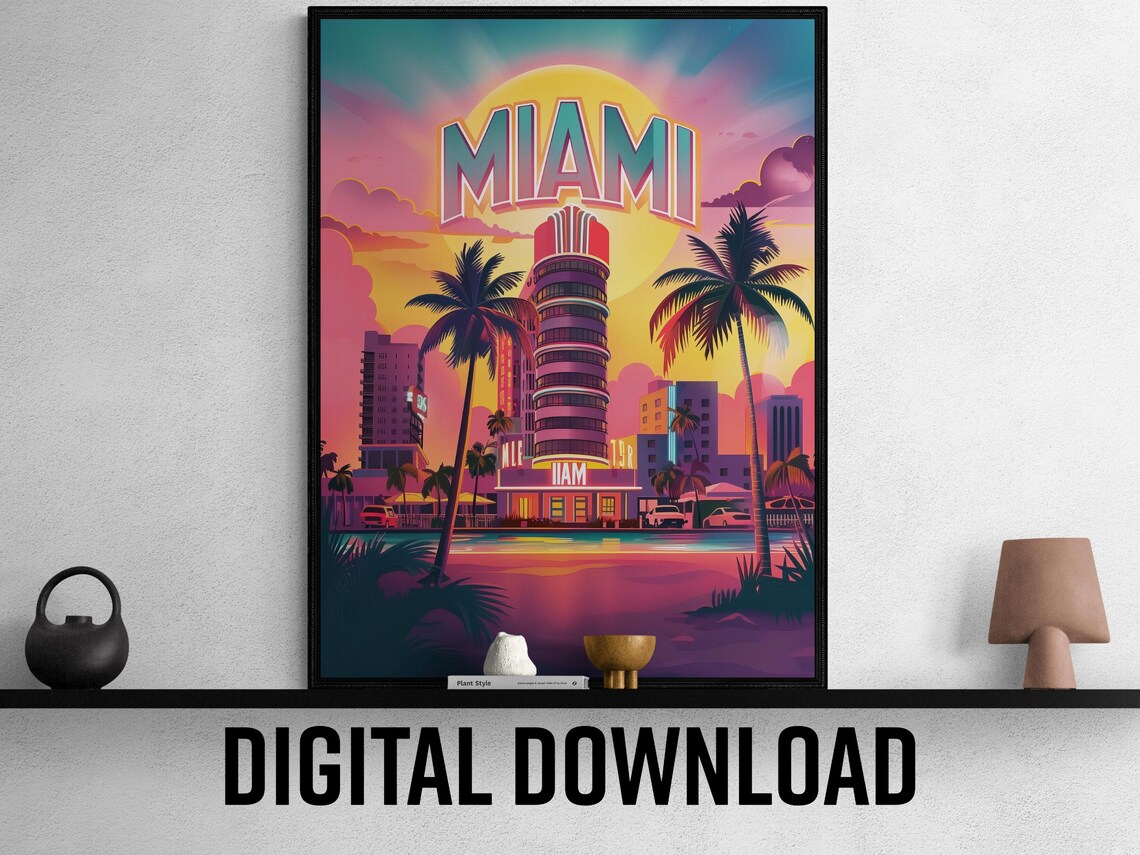 Miami Florida Art Deco Hotel Palm Sunset Retro Travel Poster Art