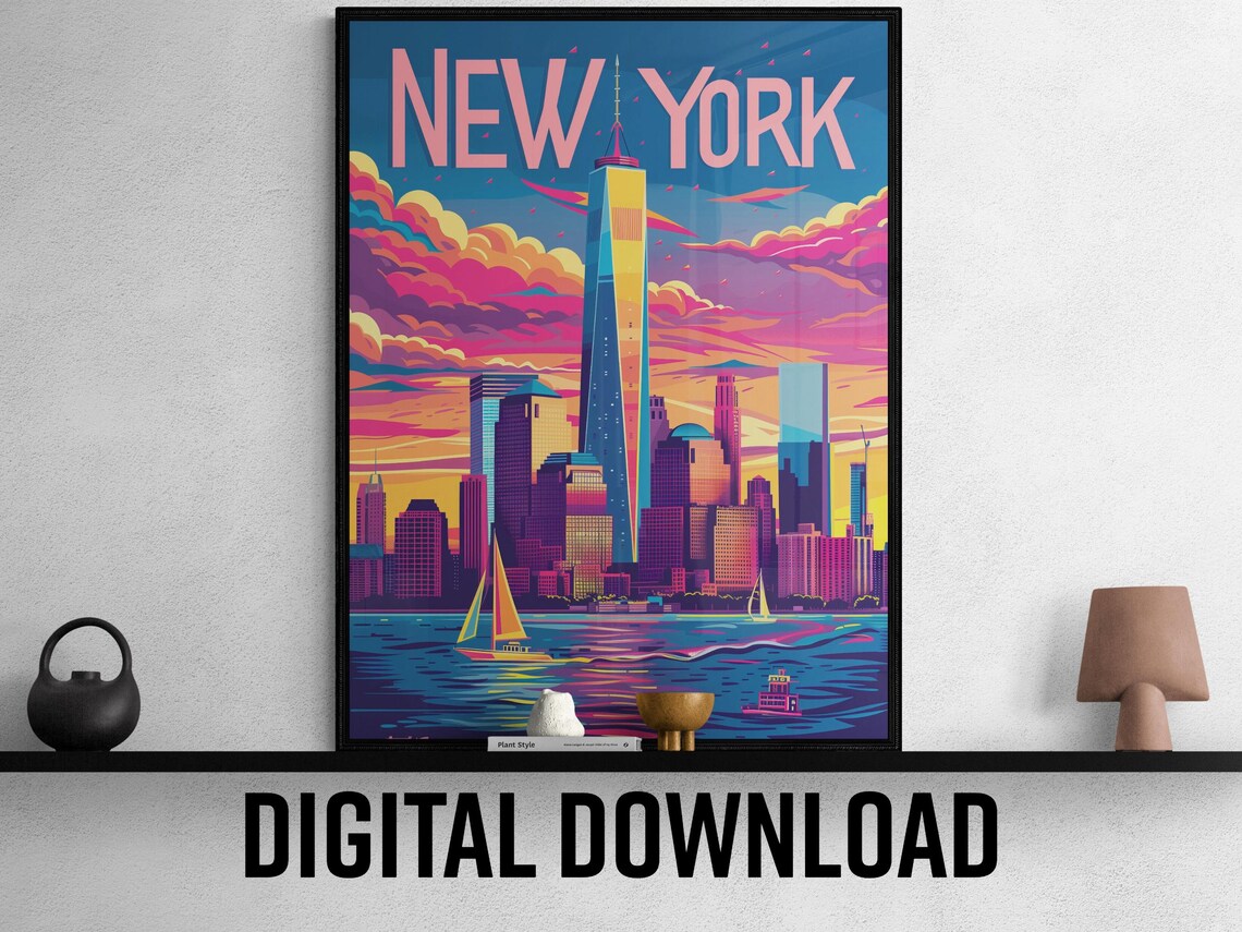 New York World Trade Center Sunset Vintage Travel Poster Sailboat