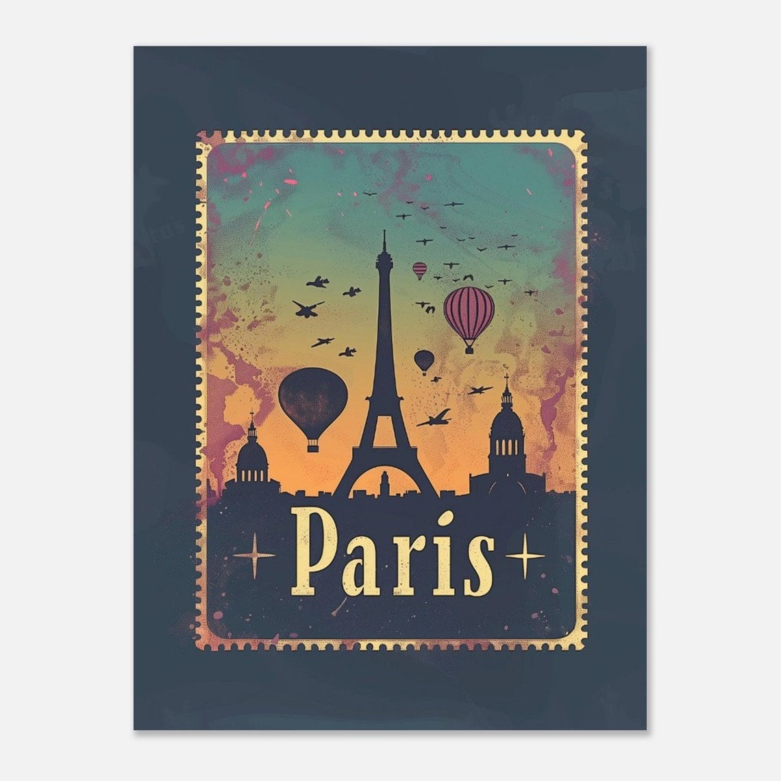 Paris Eiffel Tower Hot Air Balloons Sunset Stamp Style Travel Poster - Image 2