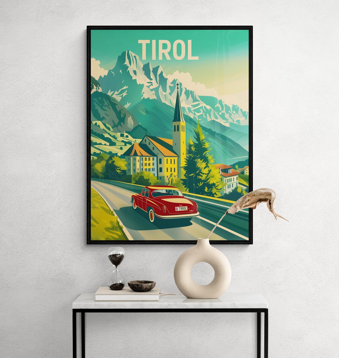 Tirol Alpine Village Church and Classic Red Car Vintage Travel Poster - Image 2
