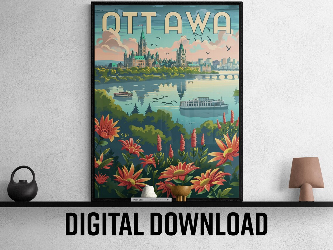 Ottawa Parliament Hill River Boats Flower Garden Travel Poster - Image 2