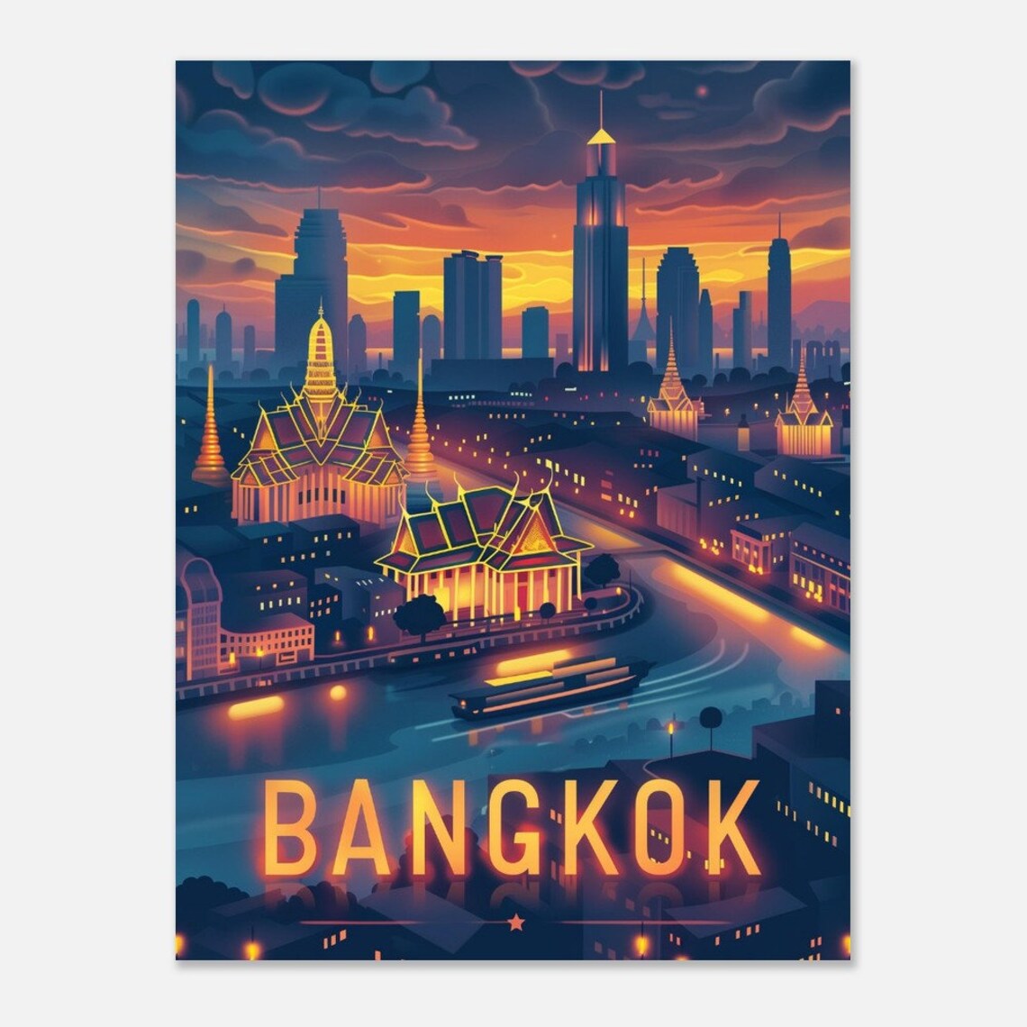 Bangkok Temples Night River Skyline Thai Golden City Glow Poster - Image 2