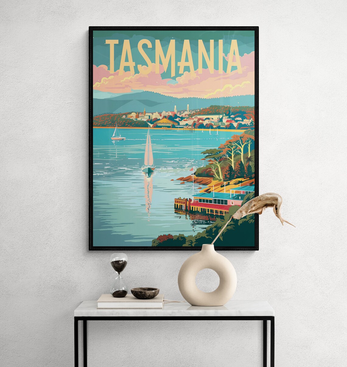 Tasmania Australia Harbor Sailboats Coastal Town Travel Poster