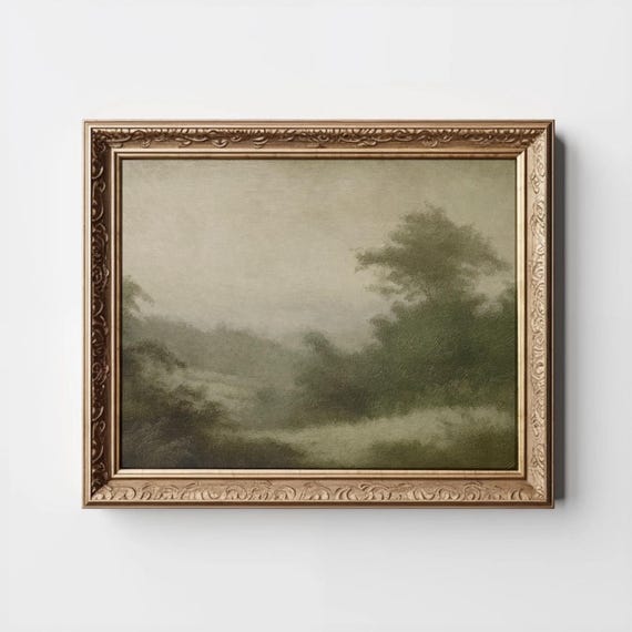 Green Landscape Abstract Art Moody Neutral Print Trees Watercolor Painting Modern Organic Decor Field Wall Vintage Beige