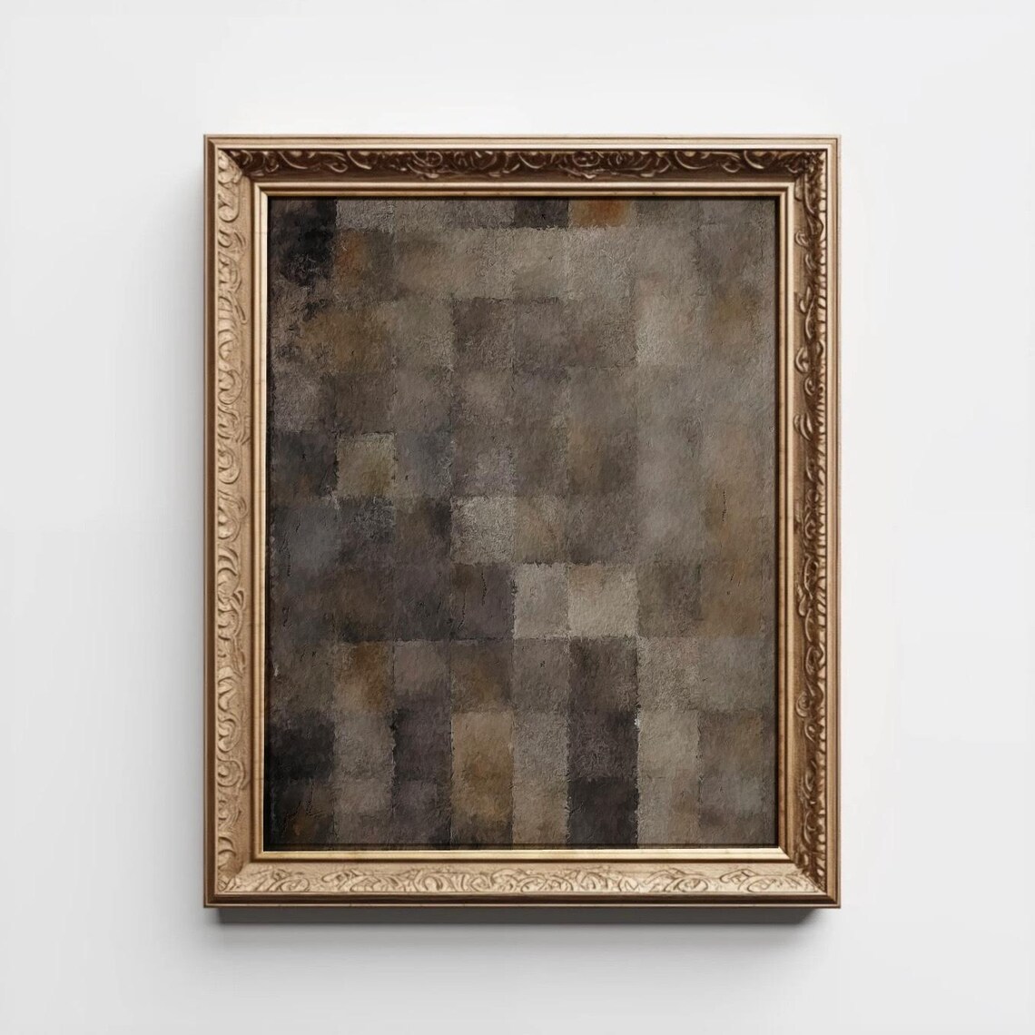 Textured Brown Grid Squares Moody Abstract Oil Painting Wall Art