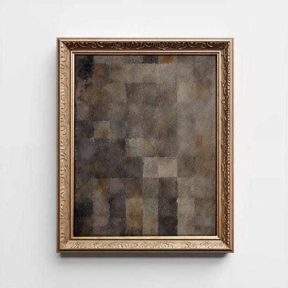 Dark Moody Black Abstract Print Charcoal Gray Square Oil Painting Modern Organic Decor Checkered Wall Art Vintage Geometric