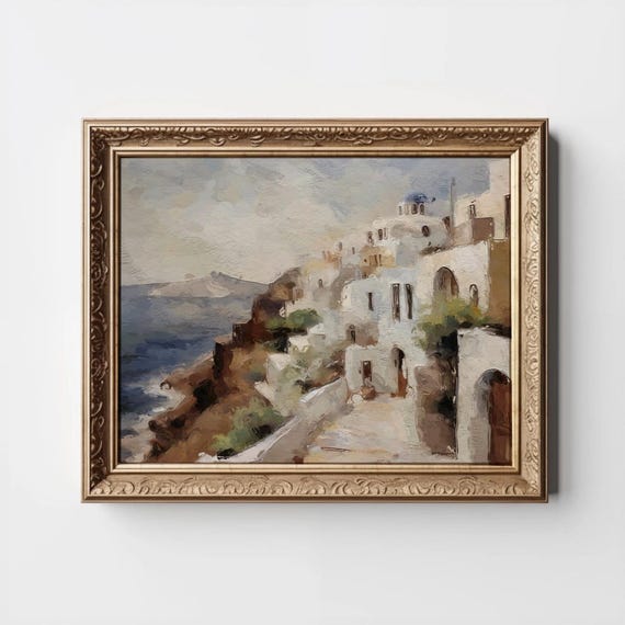 Greece Landscape Painting Santorini Vintage Wall Art Modern Organic Abstract Scenery Rustic Buildings Print City
