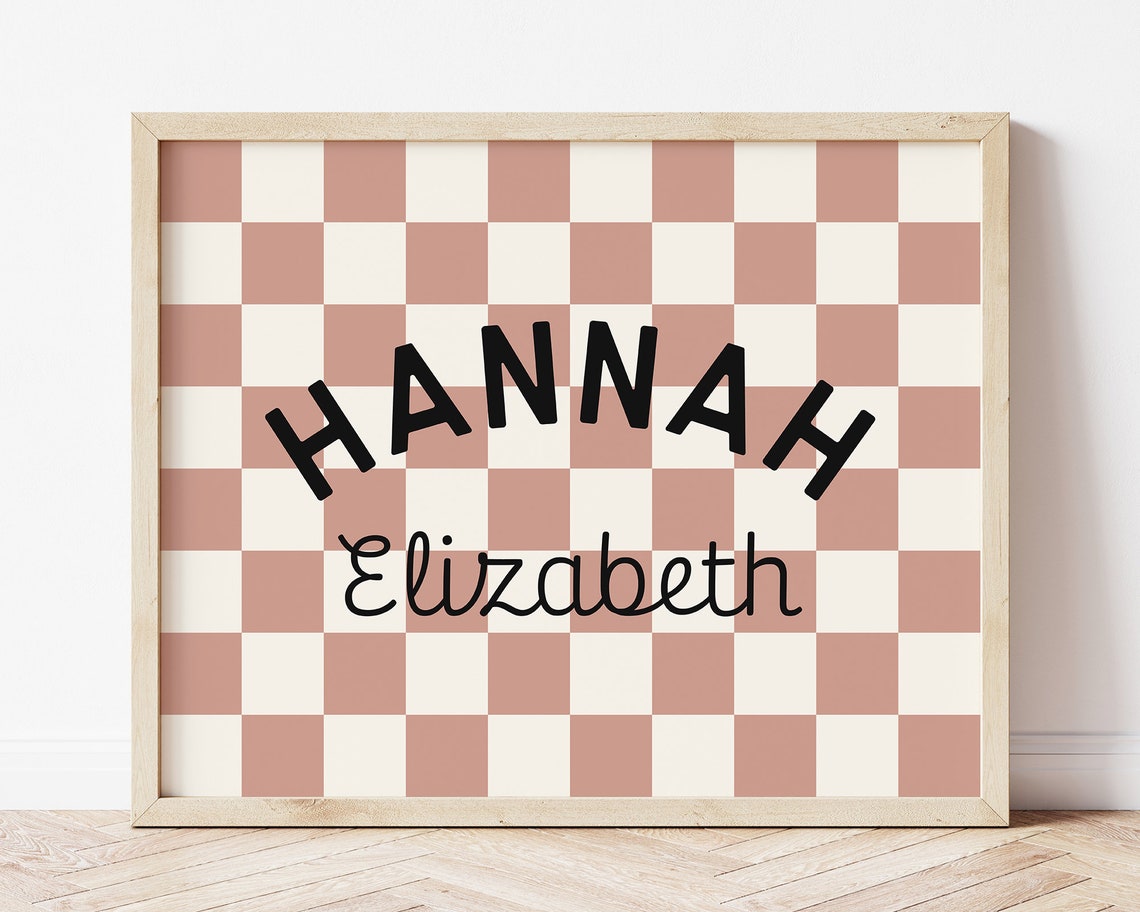 Personalized Dusty Rose Checkerboard Custom Name Sign Girls Wall Art