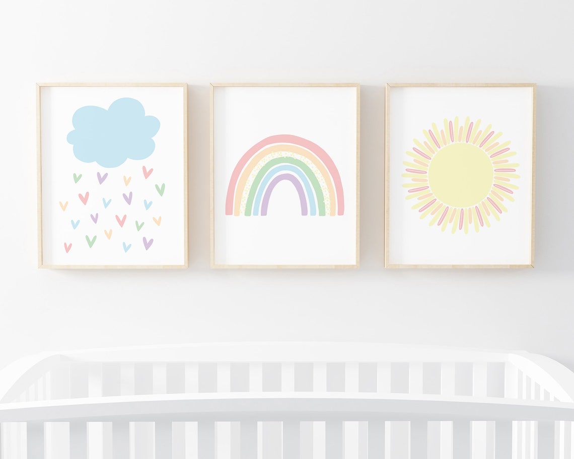 Faded Pastel Rainbow Wall Art Sun Print Cloud Nursery Decor Boho Rainbow Print Pale Rainbow Baby Nursery Decor