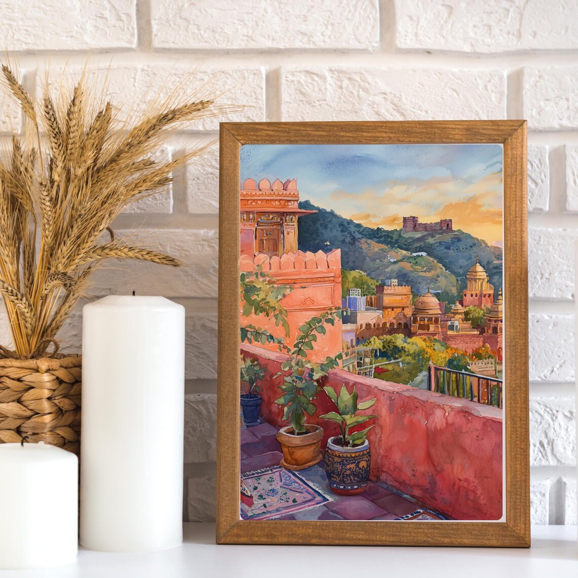 Jaipur Pink City Rooftop Terrace Amber Fort Watercolor Poster - Image 3
