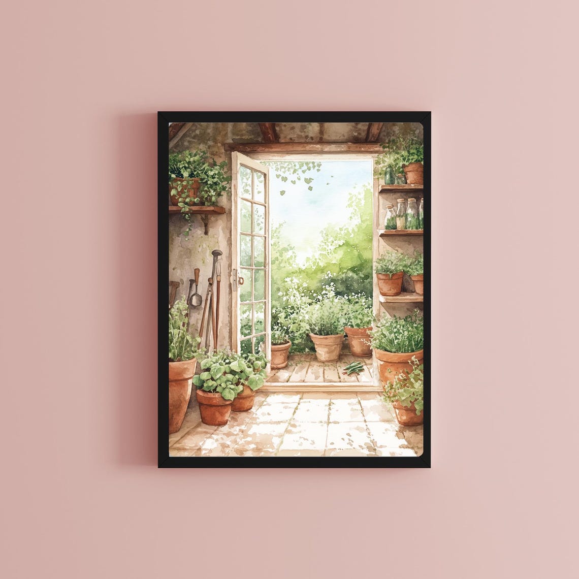 Sunlit Old Greenhouse Interior with Terracotta Potted Plants Print - Image 3