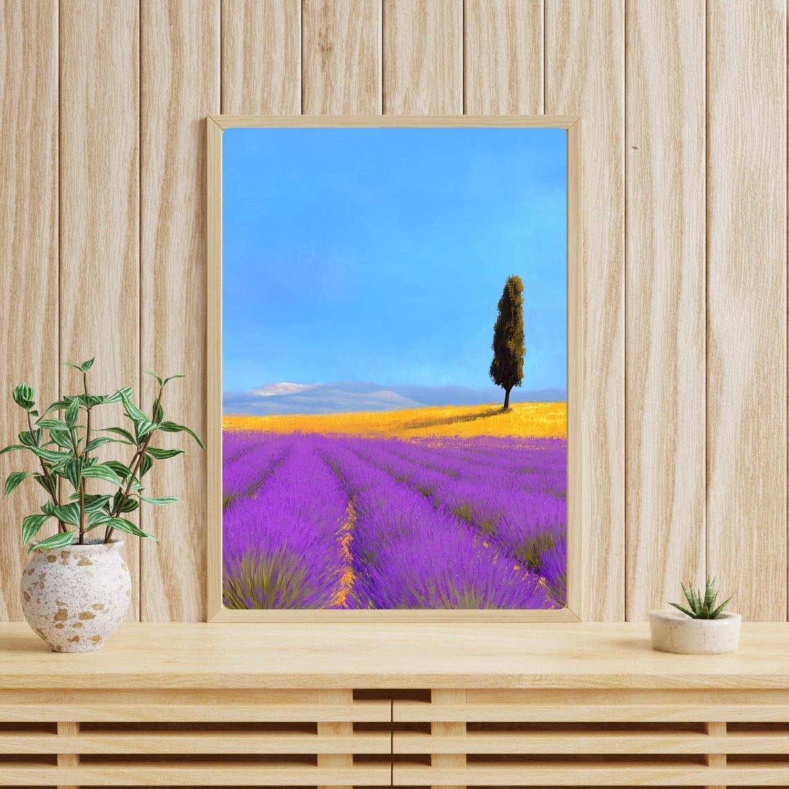 Provence Lavender Field with a Single Cypress Tree at Dusk Print - Image 4