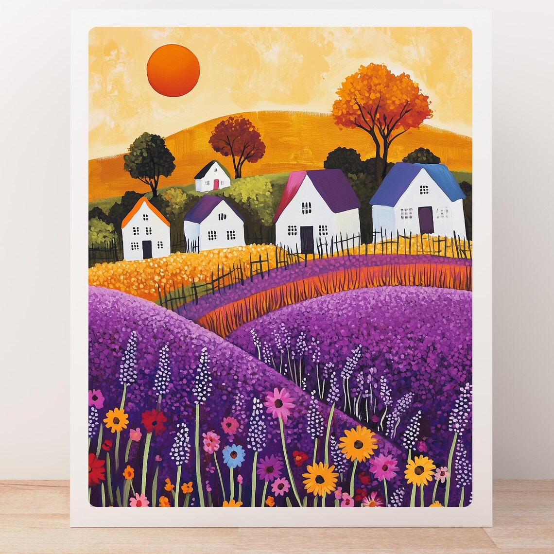 Whimsical Folk Art Village Houses in Purple Lavender Fields Poster - Image 5