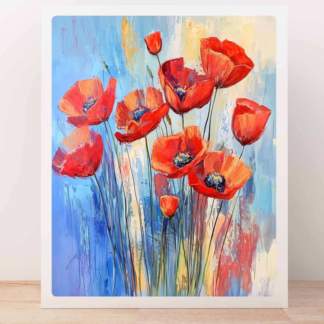 Red Poppy Watercolor Art Print, Blue Sky Modern Flower - Image 4