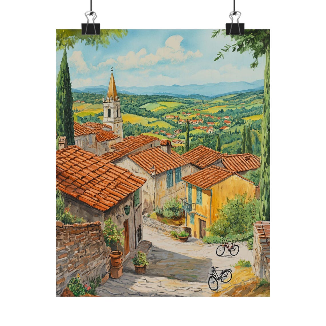 Tuscany Village Bell Tower Bicycles Cypress Trees Italy Poster