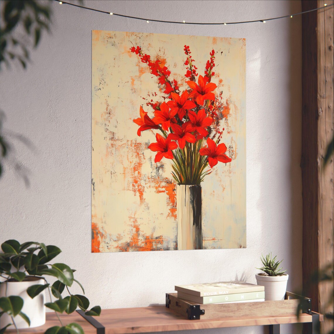 Bold Red Trumpet Flowers in Modern Vase Abstract Floral Poster - Image 4