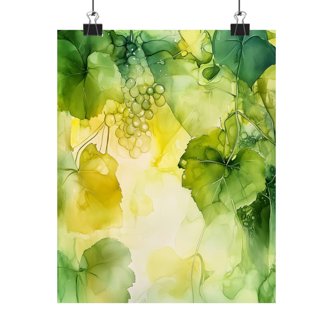 Sunlit Green Gold Grapevine Leaves Botanical Watercolor Poster