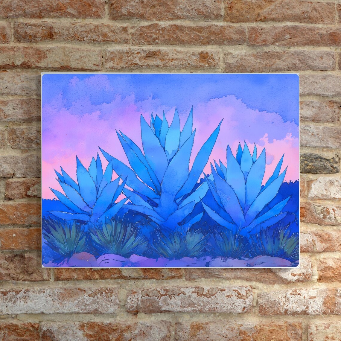 Three Blue Agave Plants Desert Sunset Pink Sky Watercolor Poster - Image 2