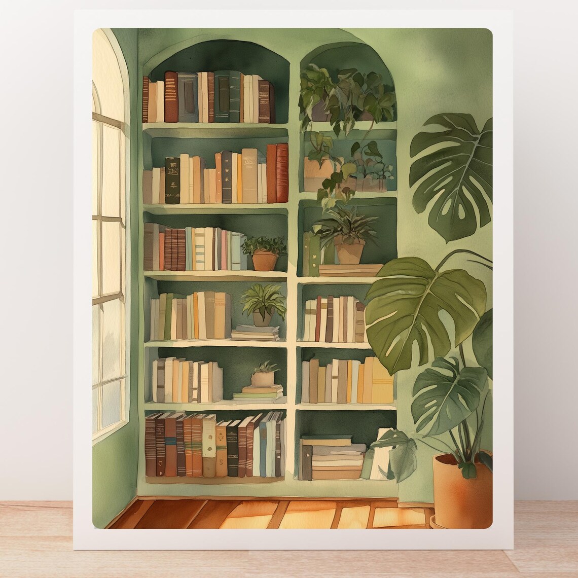 Green Reading Nook Bookcase Library Monstera Plant Watercolor Poster - Image 5