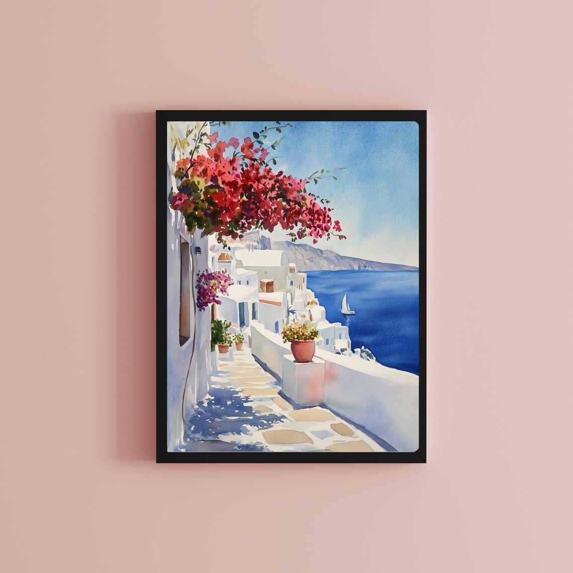 Greek Island Bougainvillea Walkway Aegean Sea Sailboat Poster - Image 2