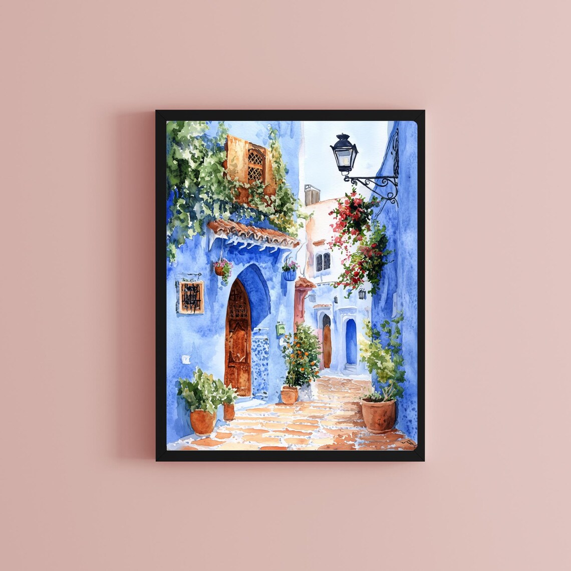 Chefchaouen Morocco Blue Street with Flowers Watercolor Poster - Image 2